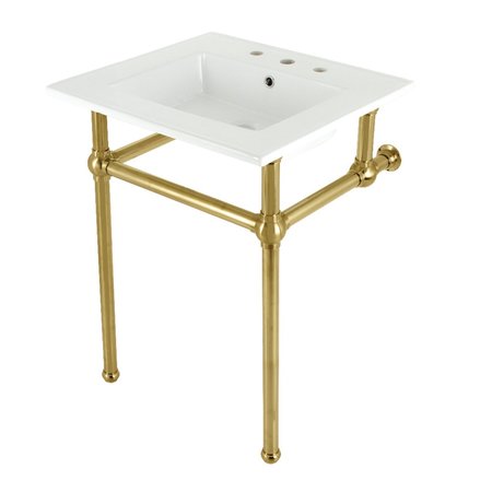 KINGSTON BRASS 25 Console Sink with Brass Legs 8Inch, 3 Hole, WhiteBrushed Brass KVBH25227W8B7